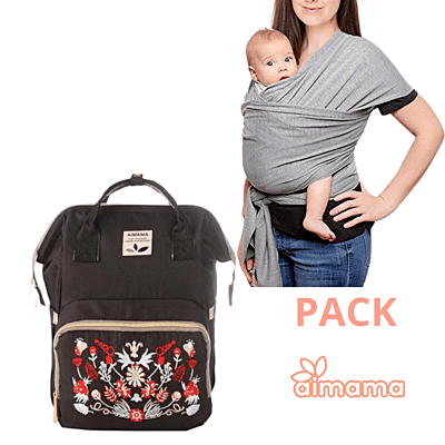 Pack Fular Gris y Mochila Pañalera Negra Bordada