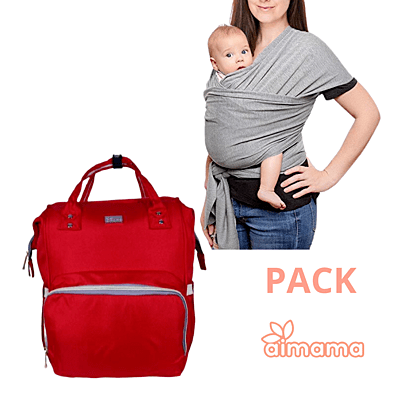 Pack Fular Gris y Mochila Pañalera Roja