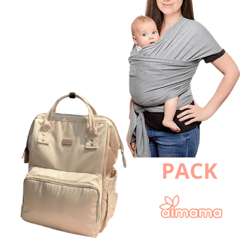 Pack Fular Gris y Mochila Pañalera Beige