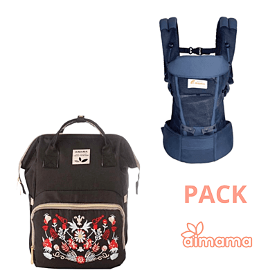 Pack Porta Bebe Azul y Mochila Pañalera Negra Bordada