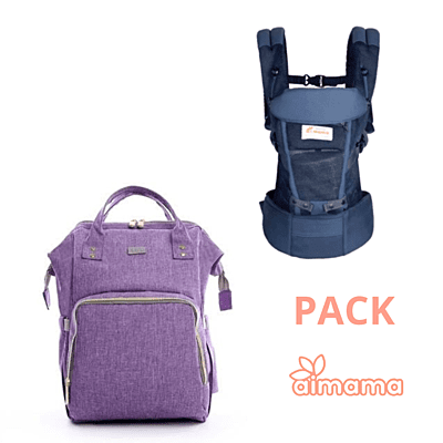 Pack Porta Bebe Azul y Mochila Pañalera Lila