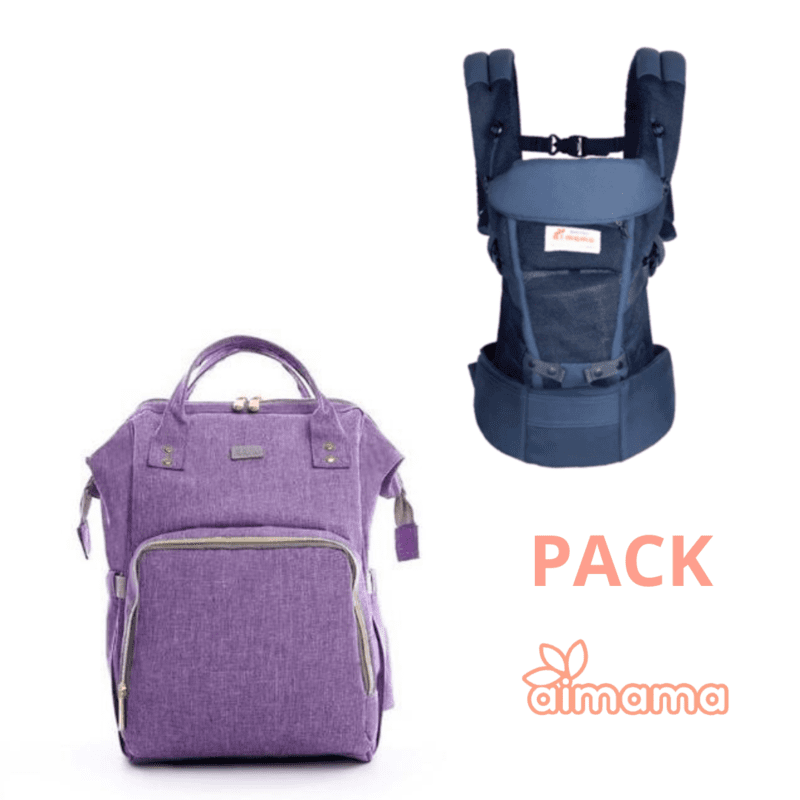 Pack Porta Bebe Azul y Mochila Pañalera Lila