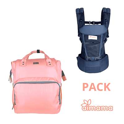 Pack Porta Bebe Azul y Mochila Pañalera Palo Rosa