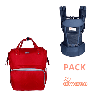 Pack Porta Bebe Azul y Mochila Pañalera Roja
